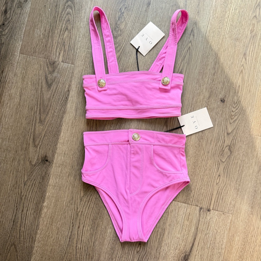 OYE Swimwear Pink High Waisted Bikini Set Gold Crest Button Detail XS New